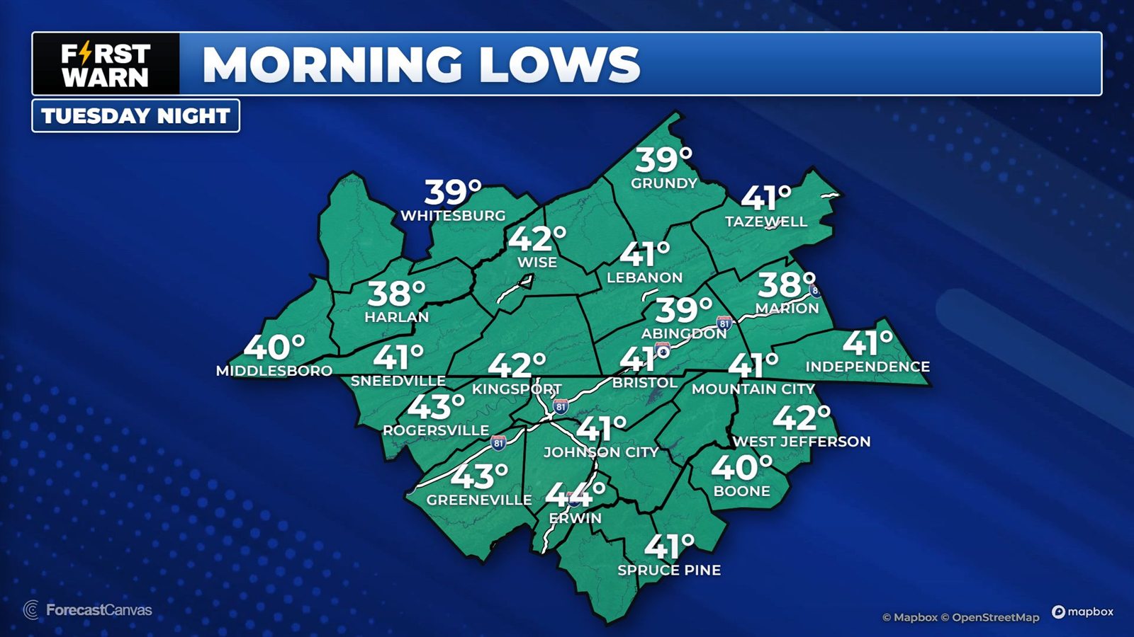 FirstWarn Morning Lows map